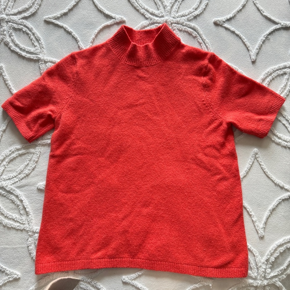 Loft Size XS Mock Neck Short Sleeve Sweater Neon Pink Wool Blend Wear to Work